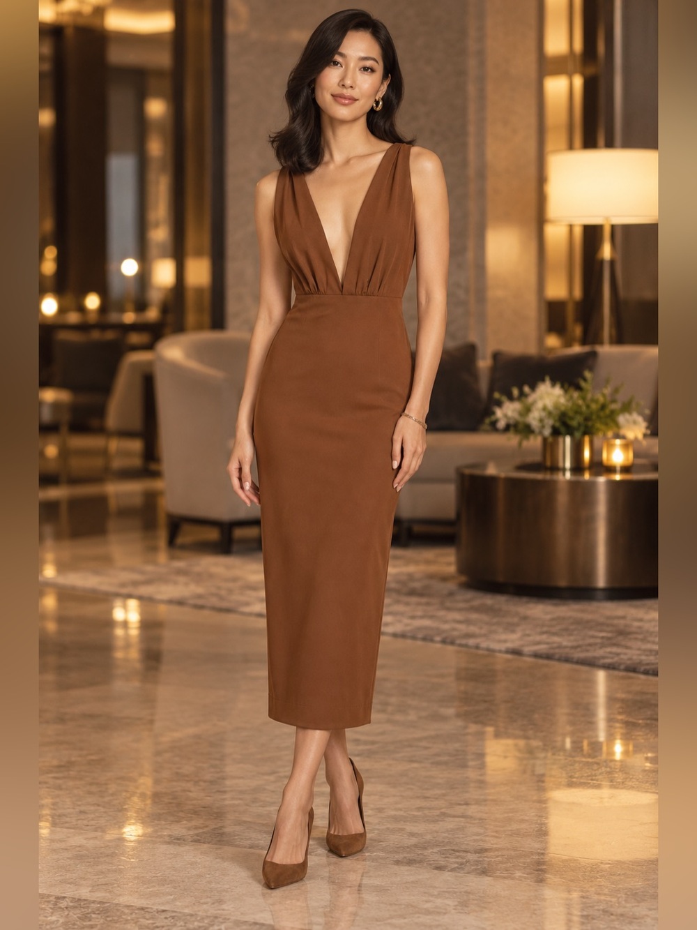 Reformation Deep V Plunging Midi Dress in Brown